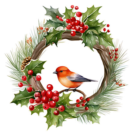 Watercolor Christmas tree and mistletoe wreath. Hand painting realistic vintage round frame with branches, snowberry and leaves isolated on white background.の素材