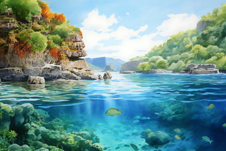 Watercolor painting realistic a tropical island nation boasts stunning marine life and rock islands with a vibrant school of colorful snapper swimming above a deep coral reef.の素材
