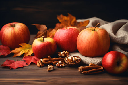 Autumn fall baking background with pumpkins, apples, nuts, food ingredients and seasonal spices, banner. Cooking pumpkin or apple pie and cookies for Thanksgiving and autumn holidays.の素材