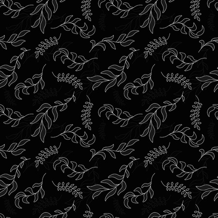 Seamless repeating black and white pattern of branches and leaves. Editable vector texture for your design.のイラスト素材