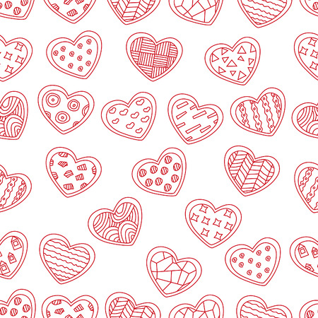 Seamless repeating pattern of a set of red hearts with different texture on white background. Vector editable texture.のイラスト素材