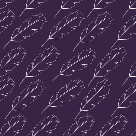 Seamless repeating pattern of white sketches of bird feathers on a purple background. Editable vector texture for your design.のイラスト素材