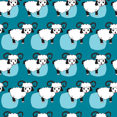 Seamless repeating pattern of white sheep with horns on a blue background texture design.のイラスト素材