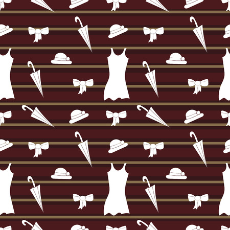 Seamless background of women's hats, umbrellas, dresses and bows. Vector fully editable texture to the design.のイラスト素材