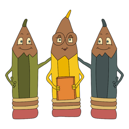 Three color cartoon sharpen pencils on a white background. Vector illustration.のイラスト素材