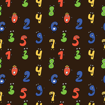 Seamless repeating pattern of fun colorful cartoon numbers with eyes, hands and feetのイラスト素材