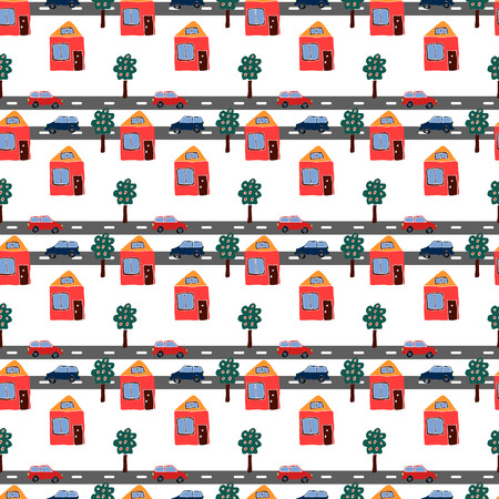 Seamless repeating pattern of hand drawn houses, cars and trees on a white background.のイラスト素材