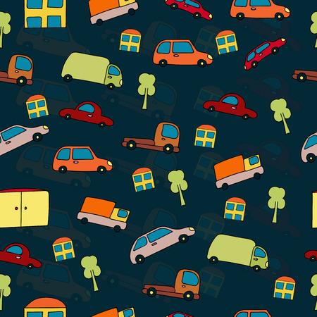 Seamless pattern cartoon cars, houses and trees on a dark blue background. Vector texture.のイラスト素材