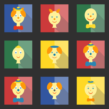 Set of colored square icons with flat heads clowns and characters on a dark background.のイラスト素材