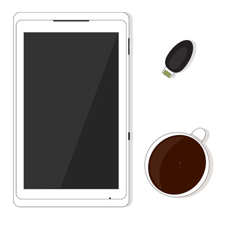 The tablet is on the table with a mug of coffee and memory card isolated on white background with shadow.のイラスト素材