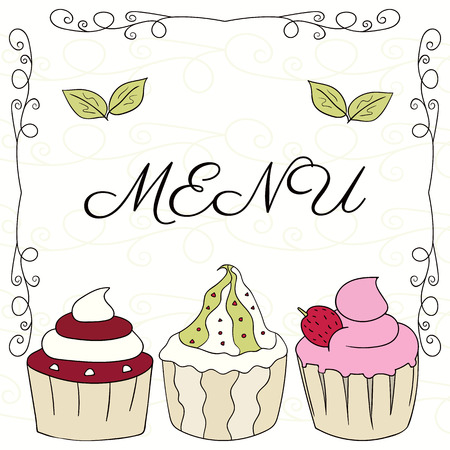 Drawn colorful Doodle cupcakes. Confectionery items for menu design, restaurant, recipe.のイラスト素材