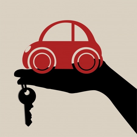 hand with a red little car on light brown backgroundのイラスト素材