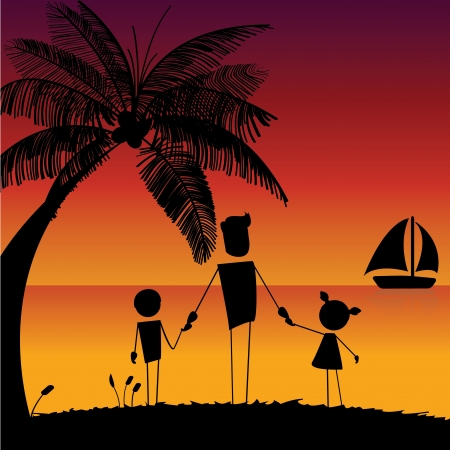 family silhouette on abstract silhouette beachのイラスト素材