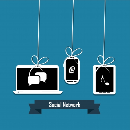 abstract electronics devices with white ribbon on blue backgroundのイラスト素材