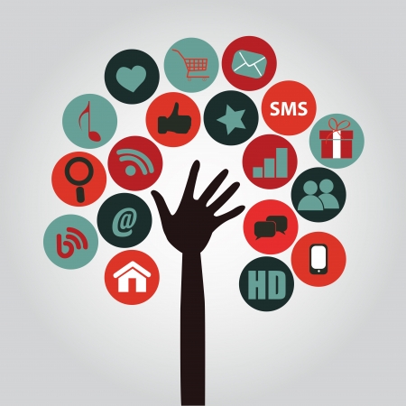 social media hand with diffrenet icons on gradient backgroundのイラスト素材