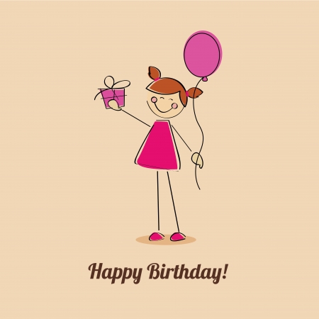 happy birthday girl with a present on light brown backgroundのイラスト素材