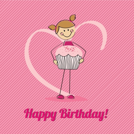 girld with a big cake celebrating a happy birthday partyのイラスト素材