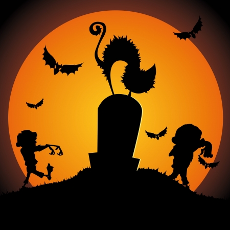 abstract cat and zombies silhouette on special halloween backgroundのイラスト素材