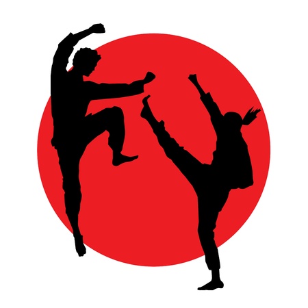 abstract silhouette of martial artist on red circleのイラスト素材