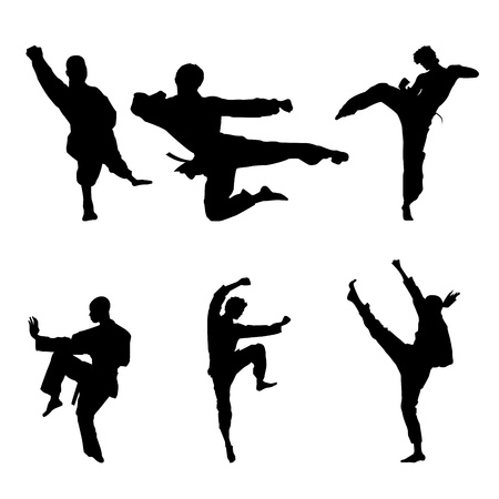 different silhouette of martial artists on white backgroundのイラスト素材