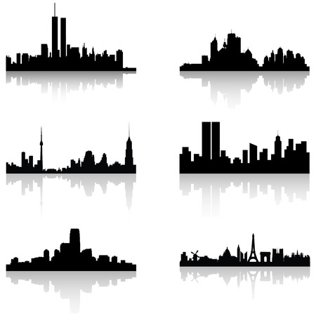 abstract building silhouettes with shadow effect on white backgroundのイラスト素材