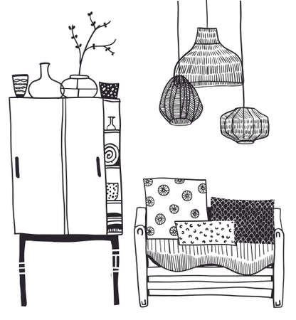 vector home interior: cupboard with opened door, coach and various chadeliersのイラスト素材