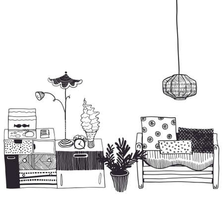 vector living room interior with aquarium on chest of drawers and sofaのイラスト素材