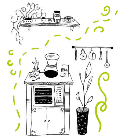 vector kitchen interior with microwave, dishes, food and house plantsのイラスト素材
