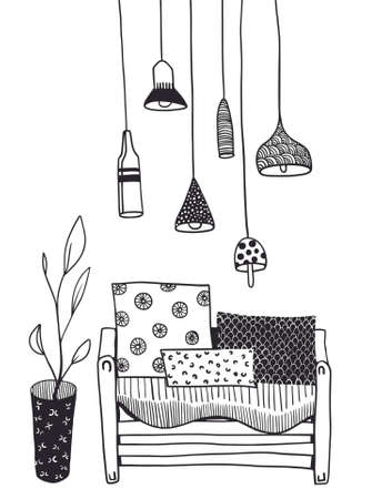Vector room interior with cozy coach, plant in a pot and intrestihg lampsのイラスト素材