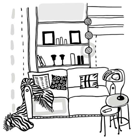 vector living room interior with big coach and coffee table with table lampのイラスト素材