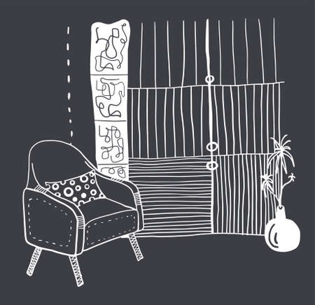 dark vector interior with striped cupboard near the flowers in vase and soft armchairのイラスト素材