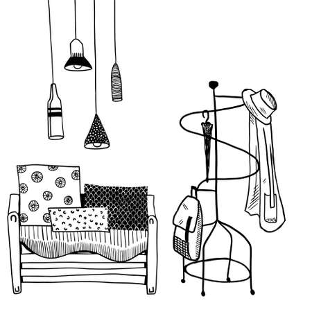 vector furniture set: sofa with ornate pillows, rack with clothes and backpack and many chandeliersのイラスト素材