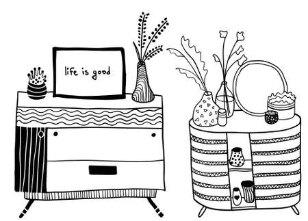 vector living room interior with two chests of drawers, poster, mirror and many house plantsのイラスト素材