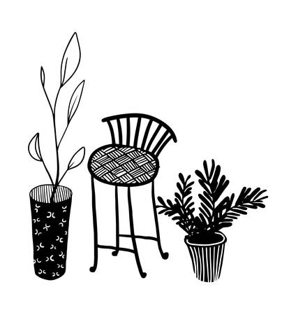 design elements: wodeen stool and two house plant in the potsのイラスト素材