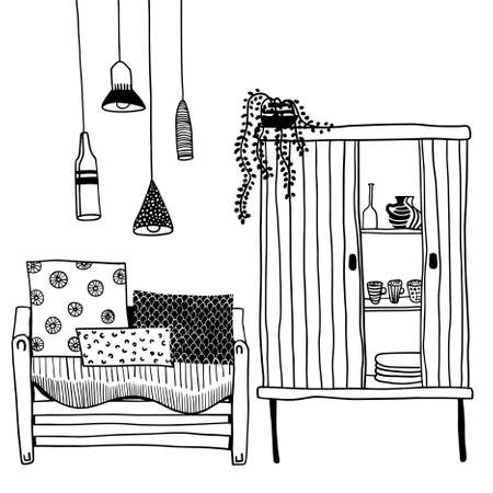 vector room interior: sofa with pillows, varios modern lamps and wooden cuoboard with opened doorのイラスト素材