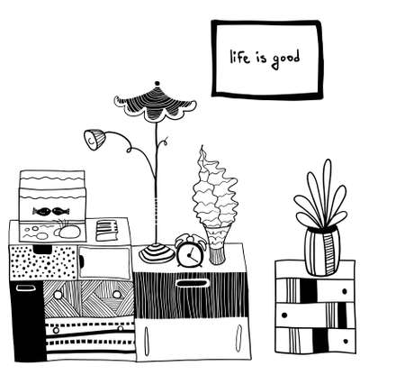 vector design set: chest of drawers with aquarium, table lamp, bedside table and house plantsのイラスト素材