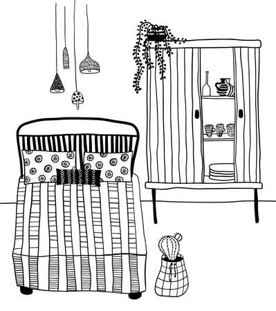 vector bedroom interior with big bed and wooden cupboard with cactus and mahy lampsのイラスト素材