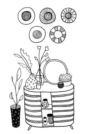 vector free hand drawn chest of drawers with many various house plants and hatsのイラスト素材