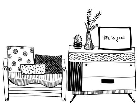 vector furniture set: cozy sofe with pillows and chest of drawers with poster and house plants in the potsのイラスト素材