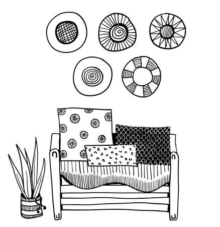 vector cartoon interior with comfortable sofa, houseplant and decorのイラスト素材