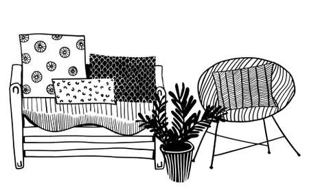 vector romantic place to talk with comfortable sofa and armchair next to the house plantのイラスト素材
