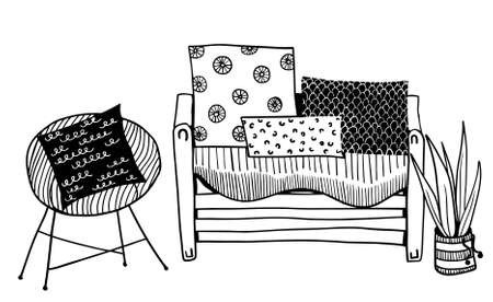 vector design set: sofa with ornate pillows, comfortable armchair and little house plant in the potのイラスト素材