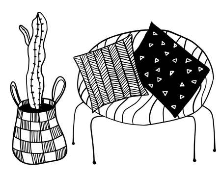 vector cartoon armchair with pillows and big cactus illustrationのイラスト素材