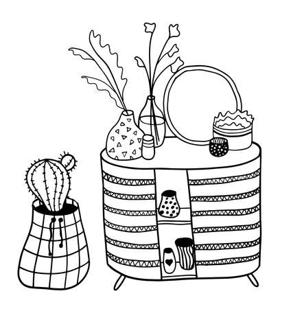 vector bedroom interior with commode and many house plants and cactusのイラスト素材