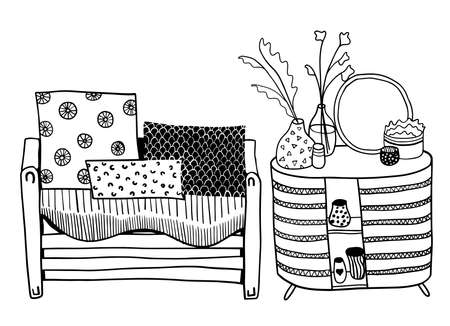 vector interior set of coach with pillows and chest of drawers with plants on the vasesのイラスト素材