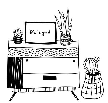 vector wooden chest of drawers with various house plant, cactus and posterのイラスト素材