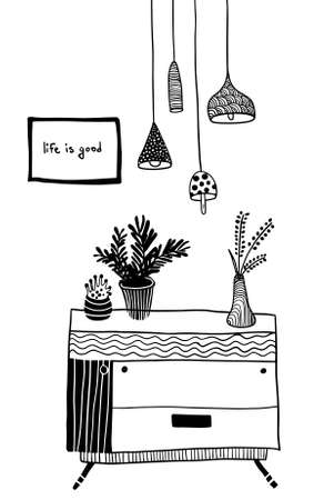 vector interior with chest of drawers, house plant and various style chandeliersのイラスト素材