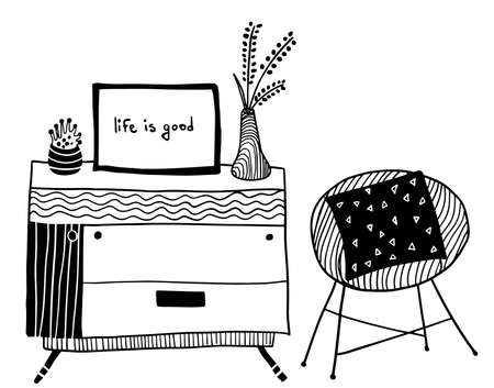 vector design elements: chest of drawers with plants and armchair with pillowsのイラスト素材
