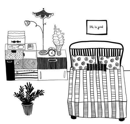 vector bedroom interior with bed, chest of drawers with aquarium and house plantsのイラスト素材