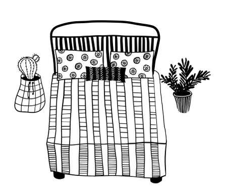 vector free hand drawn bed with pillows and house plant in the potsのイラスト素材